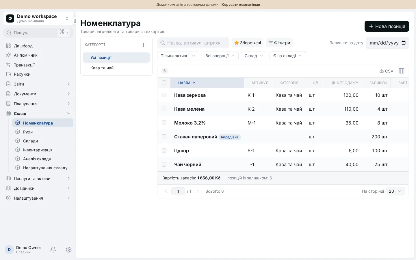 Номенклатура у Фінансисті: дерево груп ліворуч, таблиця товарів із залишками, собівартістю та одиницями виміру